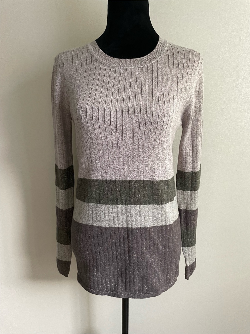 Ellen Tracy Metallic Ribbed Color Block Sweater L Brown Taupe Olive